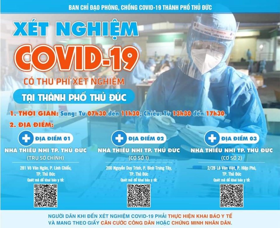 TP Thủ Đức tổ chức thêm 3 điểm xét nghiệm COVID-19 có thu phí