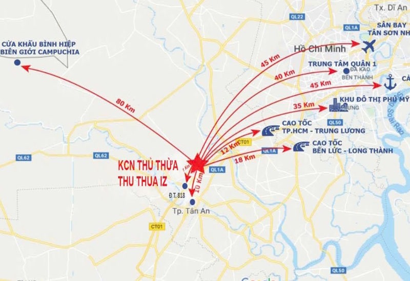 Khoảng cách kết nối từ KCN Thủ Thừa đến các khu vực trọng điểm